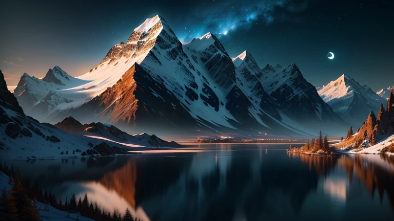 mountains and a lake with a moon in the sky, Arte digital 4k muy detallado, 4 K HD fondo de pantalla muy detallado, impressive fantasy landscape, sci-fi fantasy desktop wallpaper, Fondo de pantalla de Unreal Engine 4K, Arte digital detallado 4k, science fiction fantasy wallpaper, epic dreamlike fantasy landscape, Pintura digital mate 4K HD, Impresionante obra de arte en 8k
