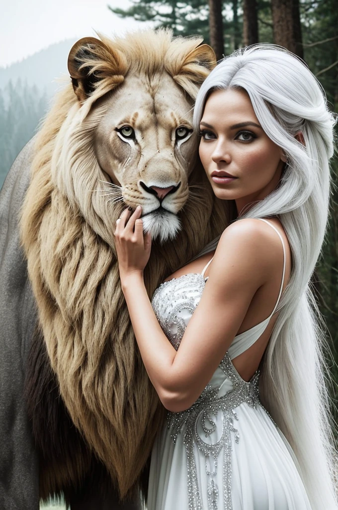 Dark and magical night, magic mist, Beautiful and beautiful woman next to a white lion, estilo de capa de filme, similar to actress Lauren German, Realistic, white lion next to German Lauren, mulher nova de 24 anos, magical effect, arte crua, best quality, foco nos detalhes, Lauren German, vestido de casaco, olhos azuis, longos cabelos brancos de neve, Fundo de imagem de floresta escura, estilo de capa de filme, que caminha na floresta nevada, Woman and Lion.