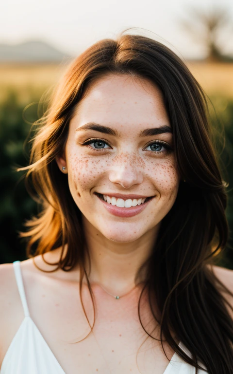 beautiful lady, freckles, big smile, dark makeup, hyper detailed photography, soft light, full length portrait