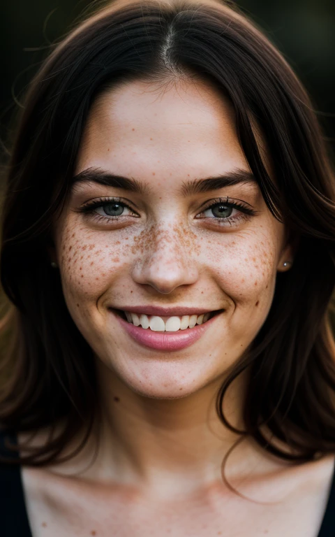 beautiful lady, freckles, big smile, dark makeup, hyper detailed photography, soft light, full length portrait
