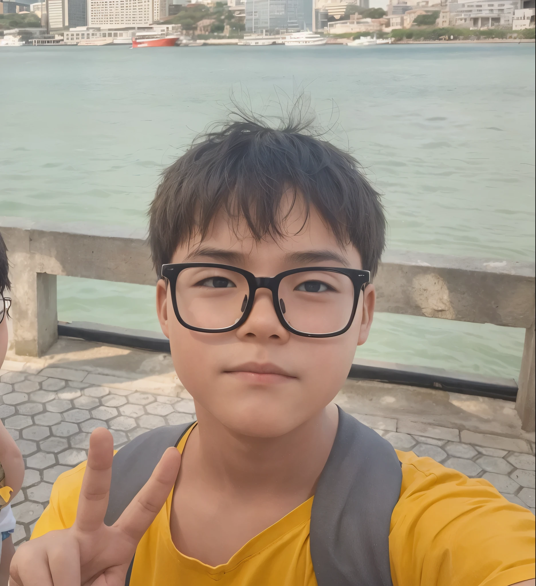 a boy,standing by the sea,Fine face,looking at the audience,Two dimensions,cartoon,sunny,