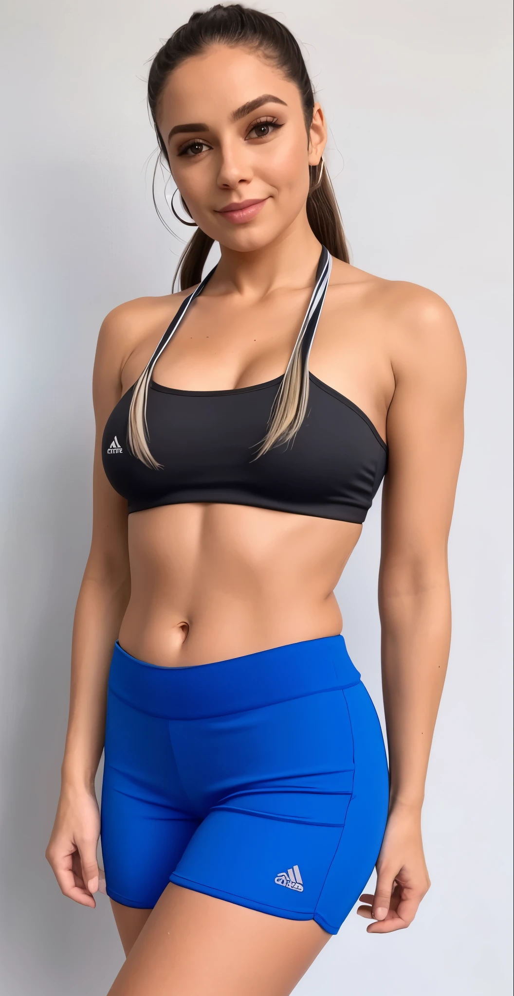 a woman in a blusa preta and blue shorts posing for a picture, esportes bem, topo de colheita, corte superior, esportes bem and shorts, halter top, black halter top, halter top, esportes bem, esportes bem and shirt, training bra, blusa preta, esportes bem and dark blue shorts, corte de meio corpo, Black Bra, sutiã e shorts streetwear