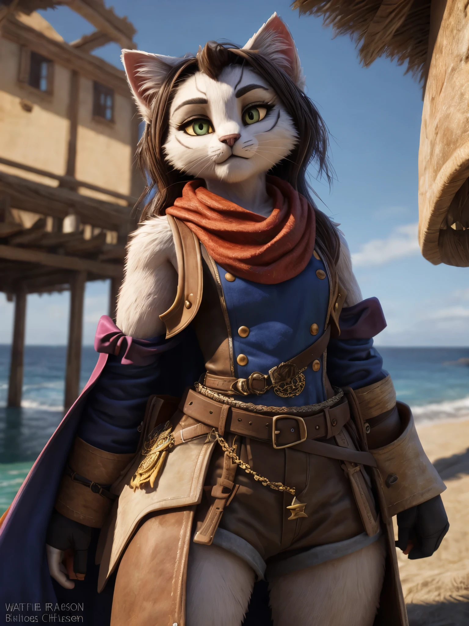 fabulous furry cat pirate with in magical multicolored clothes, anatomically correct details of the face and eyes, skin texture, sea coast, full frame, the whole object in the frame, full-color image, digital painting, 8k, super clothing textures, unsurpassed detail, intricate and complex details, octane rendering, rich 3D rendering, cinematic lighting, smooth, clear focus, smooth chiaroscuro transitions, unreal engine 5, natural environment, artstation trend, artist Brian oldham and Vivian Sassen