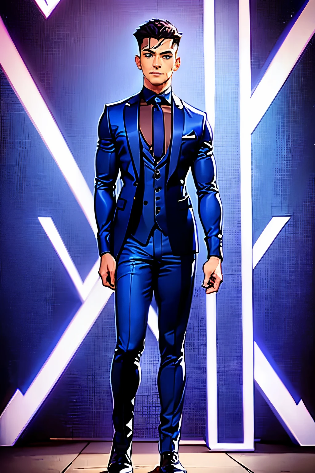 Male, cyberpunk themed character, A corporate monarch with a substantial amount of cyberware but not too much, two eyes on the left side of his face, one eye on the right side of his face, he holds himself in a very high place, he's wearing a long sleeved suit jacket, he has blue eyes as well