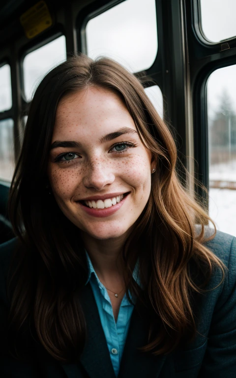 beautiful lady, freckles, big smile, dark makeup, hyper-detailed photography, soft light, full-length portrait, portrait in an old train window