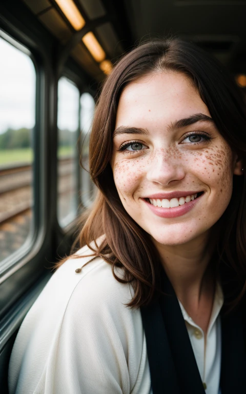 beautiful lady, freckles, big smile, dark makeup, hyper-detailed photography, soft light, full-length portrait, portrait in an old train window
