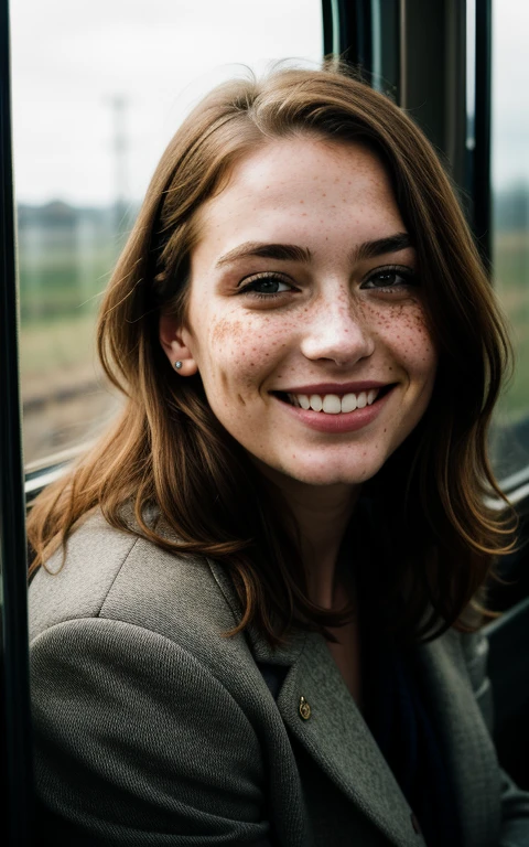 beautiful lady, freckles, big smile, dark makeup, hyper-detailed photography, soft light, full-length portrait, portrait in an old train window