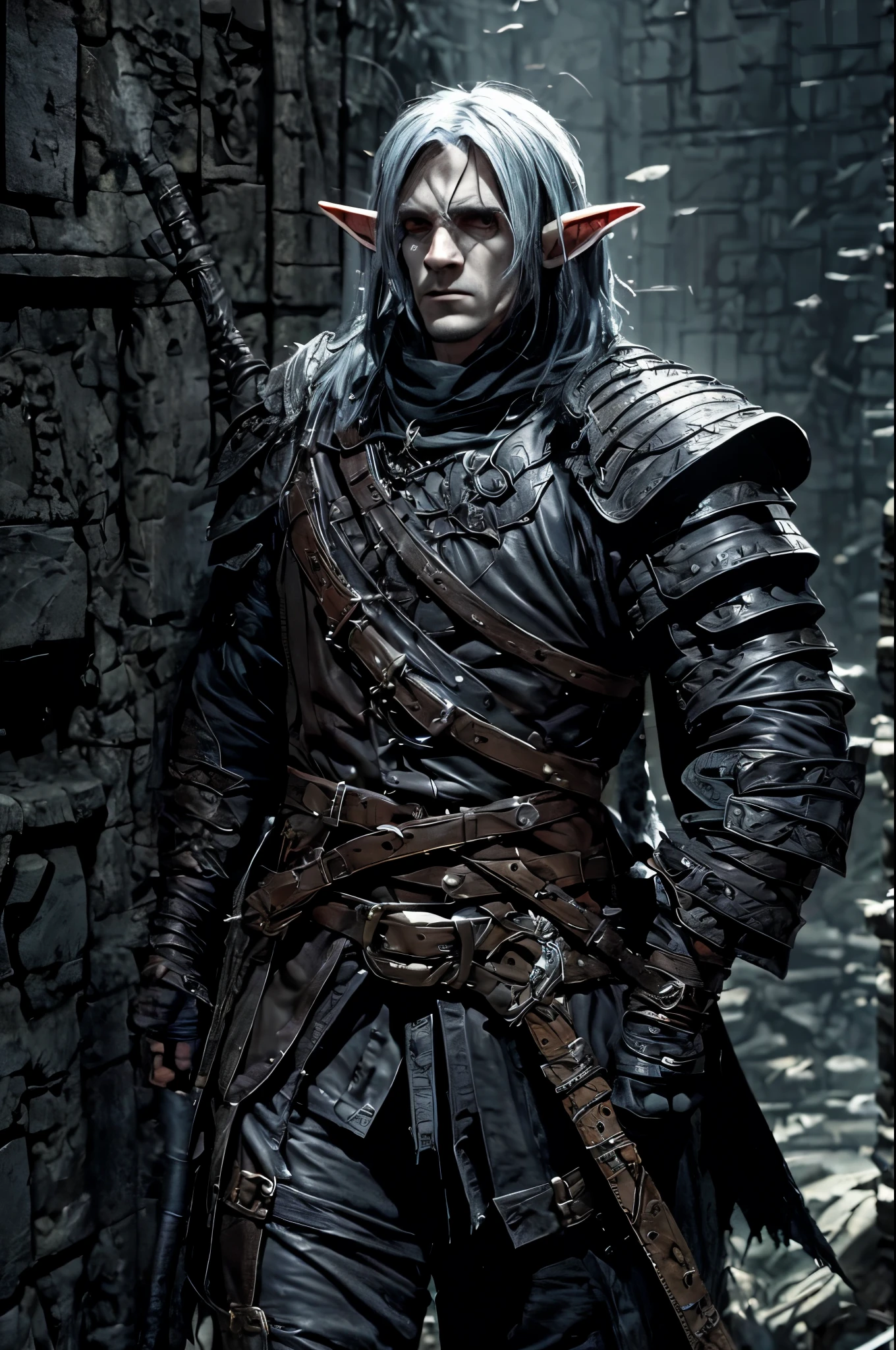 one male elf, Bow, in leather armor, look to the camera, darkest dungeon style art, In a gothic horror world, High definition
