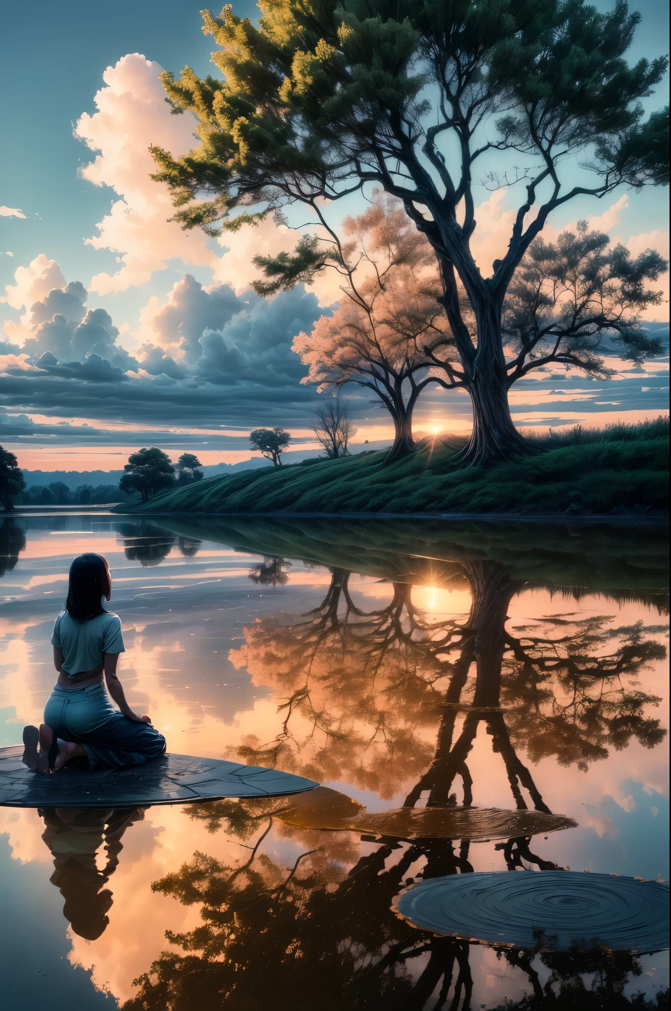 "((Tranquil)) scene, girl in a contemplative kneel, ((ripples in the pond)), ((cotton candy clouds)), ((silhouette of a gnarly tree)), professional photography, ((rule of thirds)), high resolution, best quality