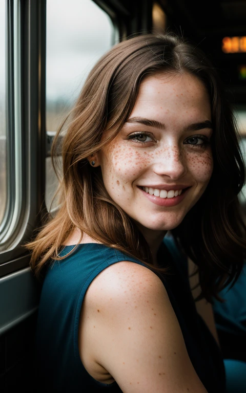 beautiful lady, freckles, big smile, dark makeup, hyper-detailed photography, soft light, full-length portrait, portrait in an old train window