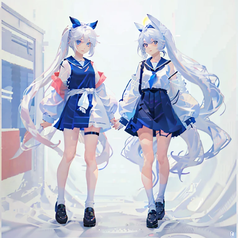 street, White shirt, dark blue skirt, white over-the-knee socks, T-bag with black straps, light blue straps on the chest, blue and white youthful double ponytail shape, twin ponytails tied in the middle, and long hair flowing down to the waist.