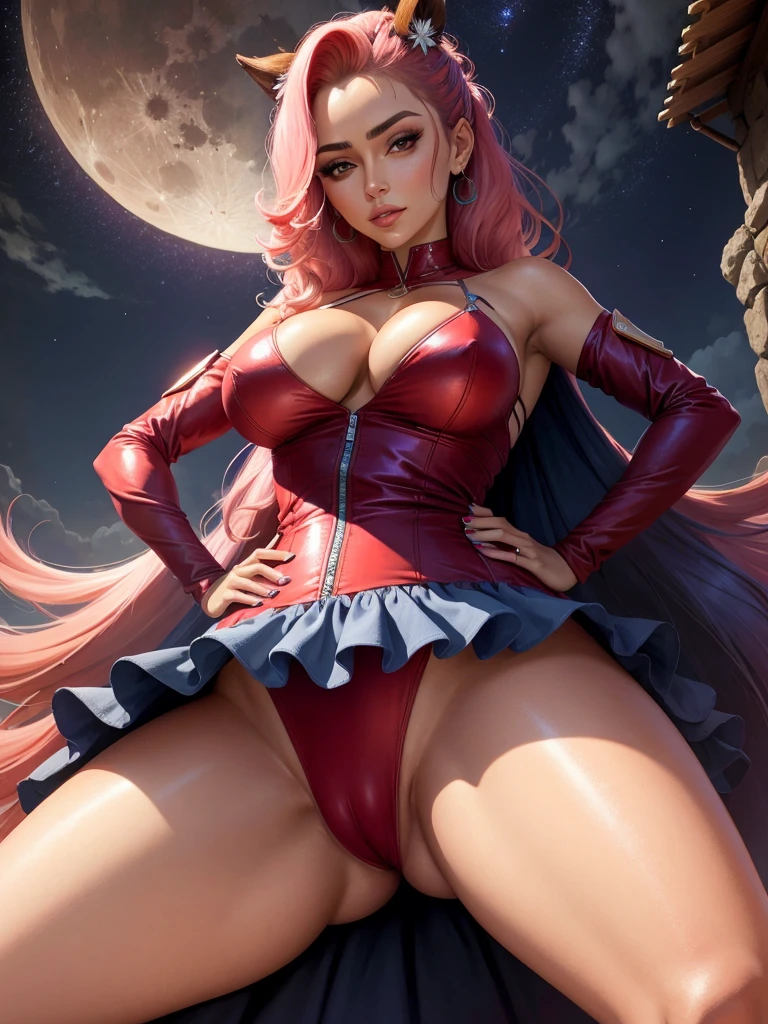 mujer cautivadora, encantadora, vestida de un leotardo rojo, de noche con luna llena, colocha, cameltoe