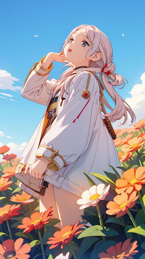 1 girl、Freelen、(has a large leather trunk)、wide view、panoramic view、8k、stand up and look up、looking up at the sky、Flowers are blooming all over、wide flower field、Blue sky、pouring light、sunshine、