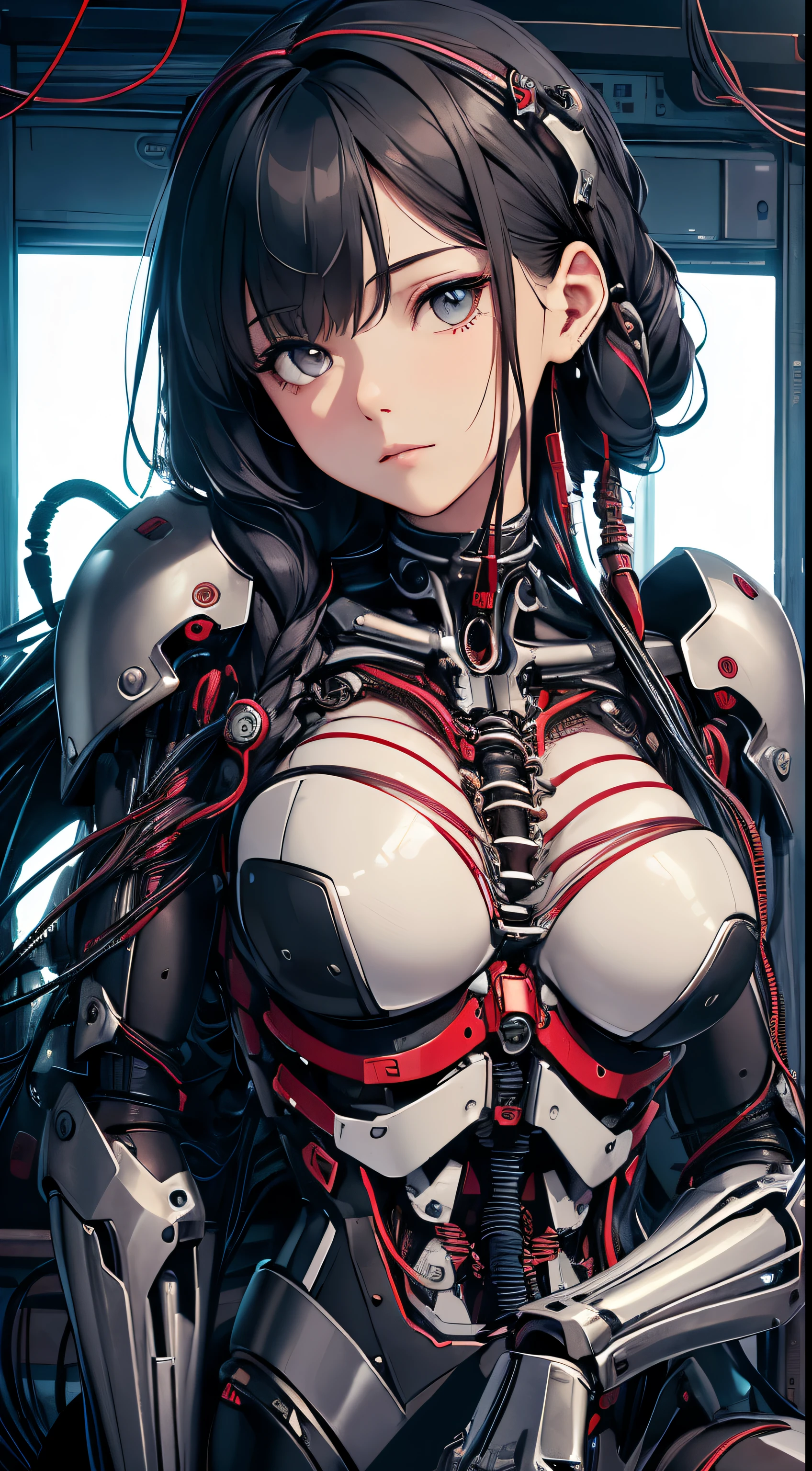 (((Masterpiece))), ((((Best quality)))), (((Ultra-detailed))), (CG illustration), ((Extremely delicate and beautiful)),(Cute and delicate face),Cinematic light,((1 mechanical girl)),Solo,full bodyesbian, ((full shot)), (machine made joints:1.4),((Mechanical limb)),(Blood vessel attached to tube),((The mechanical vertebrae are attached to the back)), ((A mechanical cervical vertebrae attached to the neck)),((Seated)),face expressionless,(Wires and cables attached to the head and body:1.5),(Character focus),sci-fy，looks into camera，Black color hair，Black and red style，Blue machinery