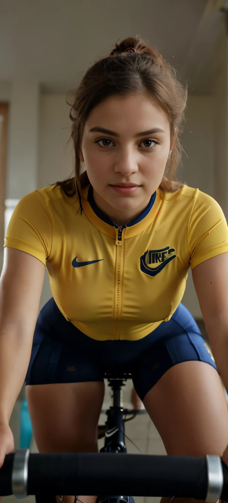 beautiful woman in a yellow jersey and blue helmet riding indoor bike, 30 age, nike cycling suit, athletic fashion photography, 8k portrait render,, extreme render, photo render, ultra realistic render, hyper real render, realistically rendered clothing,  loafers, blurry background, blurry, holding, plaid, short sleeves, water, sluty school girl uniform, jewelry, parted lips, lips, from side, pleated skirt, depth of field, (extremely detailed 8k wallpaper), soft lighting, high quality, film grain, Fujifilm XT3 sharp focus, f 5.6, 50mm, High Detail, Sharp focus,(natural light), (seductive), Realistic, ultra realistic, photo realistic, crazy details, complex details, hyper detailed,, no helmet, indors, beautiful face, bike sit visible, no helmets, riding indoors, in flat, UHD