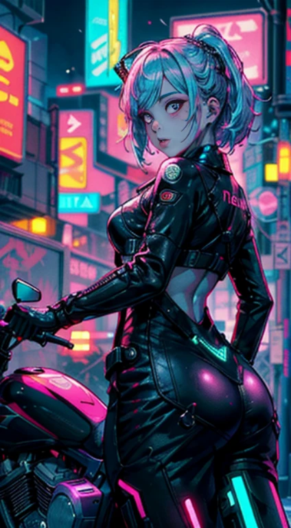 mesa, Mejor calidad, Self Confident Cyberpunk Floral Girl, tiro de cuerpo completo, ((Stand in front of the motorcycle)), Disfraces pop inspirados en flores, Colores y patrones llamativos, Accesorios llamativos, Peinados modernos e innovadores, Maquillaje brillante, Paisaje urbano deslumbrante cyberpunk, rascacielos, neon signs, Luces LED, Esquema de colores brillantes y vivos, animado, Illustration, textura de piel detallada, Textura de tela detallada, hermosa cara detallada, detalles intrincados, ultra detallado.