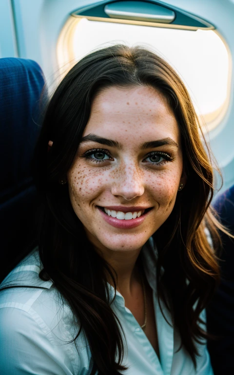 beautiful lady, freckles, big smile, dark makeup, hyper-detailed photography, soft light, full-length portrait, portrait in an airplane window