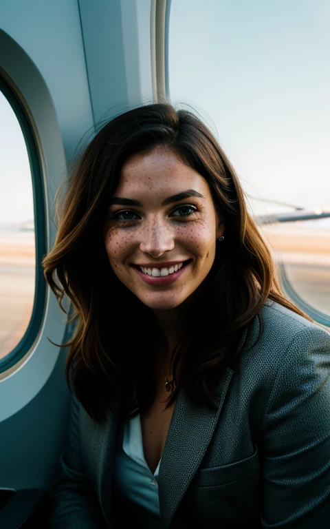 beautiful lady, freckles, big smile, dark makeup, hyper-detailed photography, soft light, full-length portrait, portrait in an airplane window