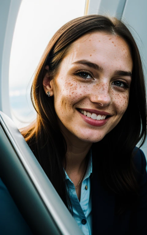 beautiful lady, freckles, big smile, dark makeup, hyper-detailed photography, soft light, full-length portrait, portrait in an airplane window