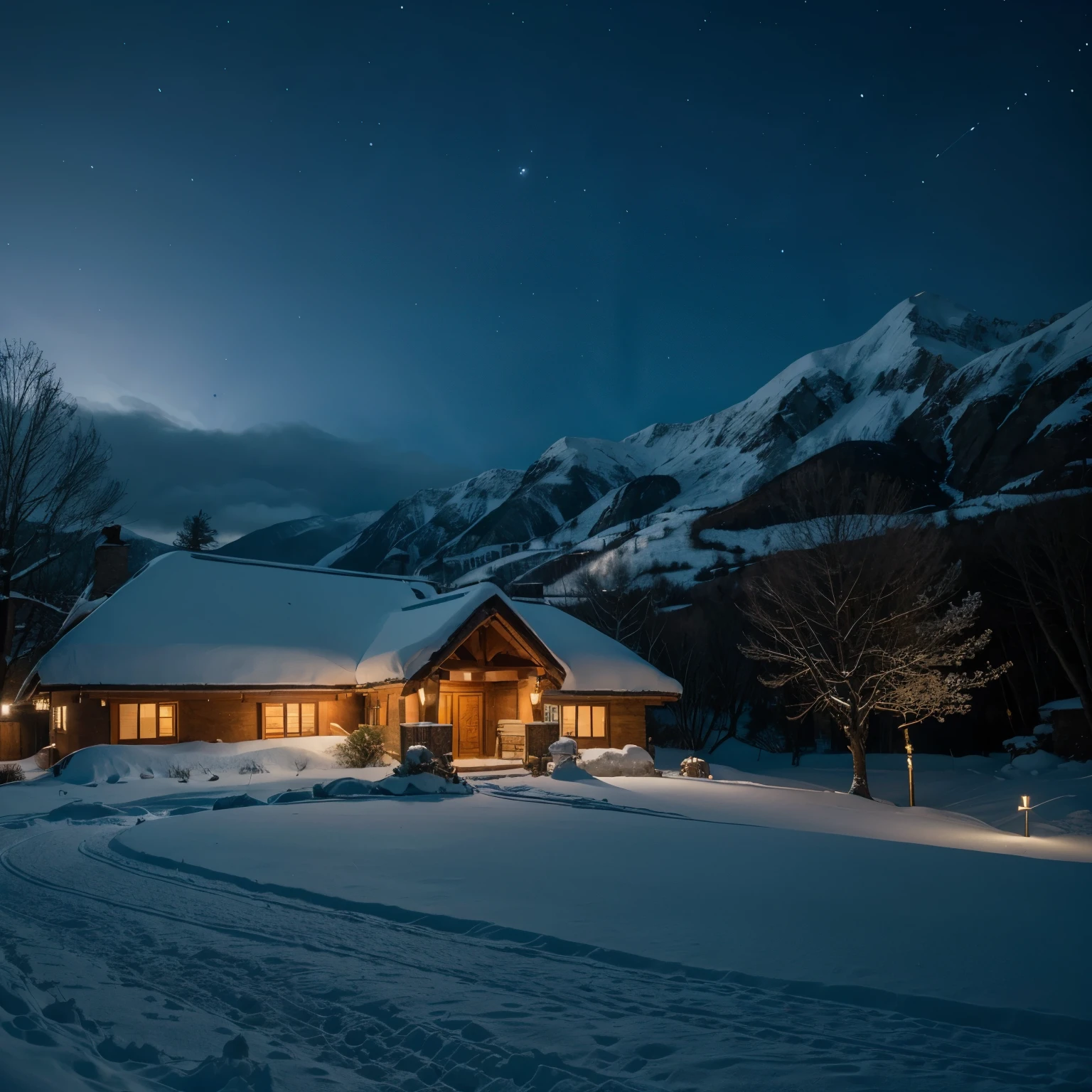 A serene winter night scene in a mountainous region, in the far left hand side there are multiple traditional thatched-roof houses are blanketed in snow. The warm glow of lights from the windows suggests a cozy atmosphere inside, contrasting with the cold blue tones of the snow-covered landscape. The darkness of the night sky and the surrounding environment accentuates the illumination of the houses. There's a hint of human presence in this secluded area, as evidenced by the lights.