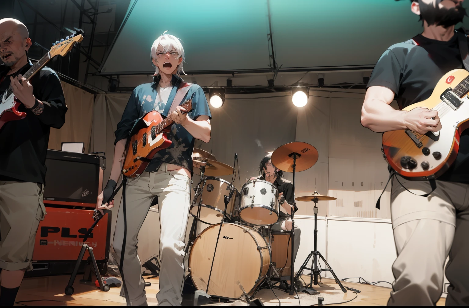 there are three men playing guitars on a stage with a band, on rock concert stage, performing on stage, on the stage, looking menacing, on stage, on a stage, rocking out, profile image, playing guitar onstage, rock musicians on the stage, intense expression, taken in the early 2020s, cool looking, by Dicky Doyle