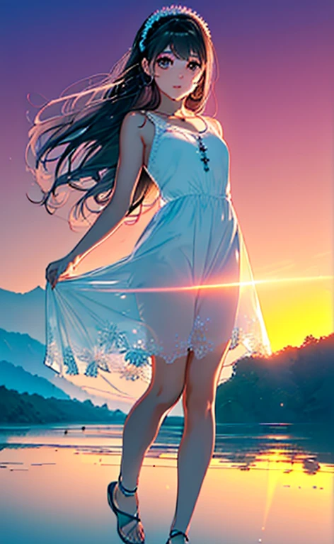(1girl, Alone, alone), (pin-up, , Poison_long_hair_aiwaifu, Poison_long_hair_aiwaifu, spiky hair, hat, big hair, very_long_hair, pink hair, pink_hair, big_hair), ((Alone, (1woman,pink lipstick), extremely detailed , Soft ambient lighting, 4K, perfect eyes, a perfect face, Perfect Lighting, the 1 girl)), ((fitness, , shapely body, athletic body, toned body)) , , ((long dress, white dress, flowing dress, ((looking back, high heels, walking on water)), lake, forest, sunset))