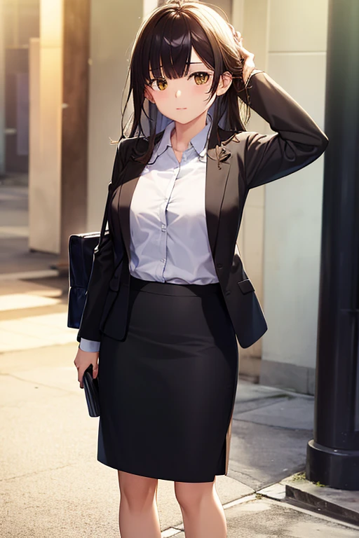 1girl, sayu ogiwara, suit, office lady, black skirt, black blazer, pencil skirt, skirt suit, long skirt, white shirt, collared shirt, long hair, teenager, looking at viewer, full body