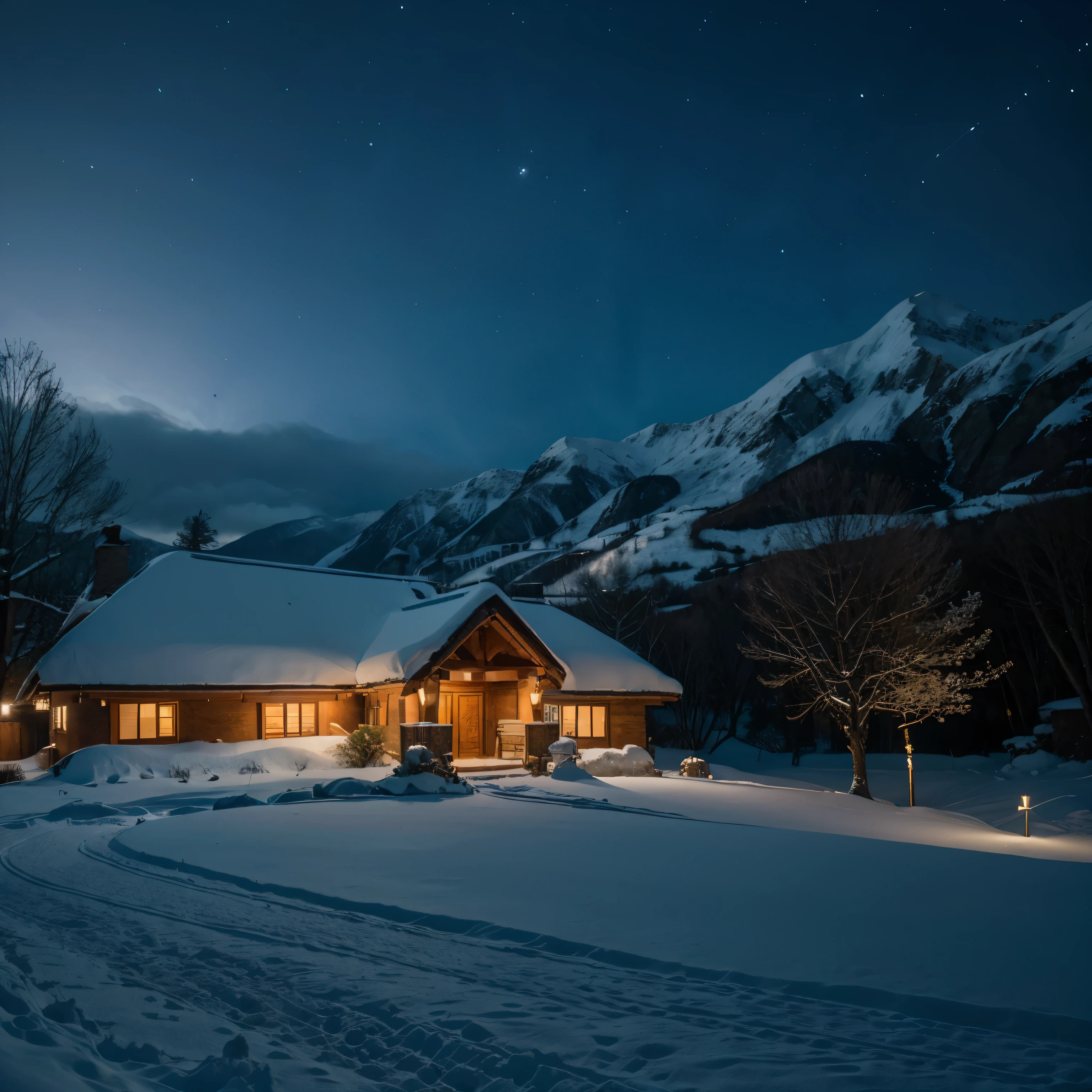 A serene winter night scene in a mountainous region, in the far left hand side there are multiple traditional thatched-roof houses are blanketed in snow. The warm glow of lights from the windows suggests a cozy atmosphere inside, contrasting with the cold blue tones of the snow-covered landscape. The darkness of the night sky and the surrounding environment accentuates the illumination of the houses. There's a hint of human presence in this secluded area, as evidenced by the lights.