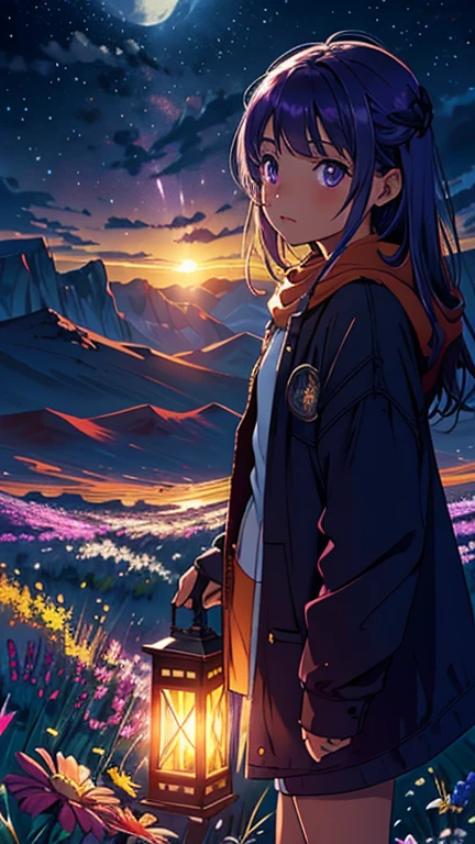 Expansive Landscape Photography., (Vista desde abajo con una vista del cielo y el desierto debajo), girl standing in a field of flowers looking up, (Luna llena: 1.2), (estrella fugaz: 0.9), (nebulosa: 1.3), distant mountain, tree BREAK production art, (warm light source: 1.2), (Firefly: 1.2), lamp, purple and orange, detalle intrincado, BREAK lighting volume (obra maestra: 1.2), (of the highest quality ), 4k, Ultra detallado, (Dynamic configuration: 1.4), Detalles muy detallados y coloridos (Iridiscente: 1.2), (Bright lighting, atmospheric lighting), Dreamer, magical, (Solo: 1.2)