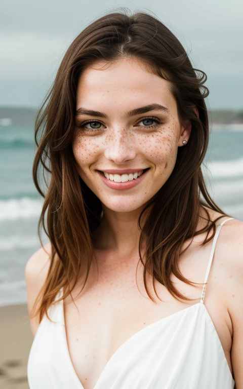 beautiful lady, freckles, big smile, dark makeup, hyper-detailed photography, soft light, full-length portrait, portrait on a beach
