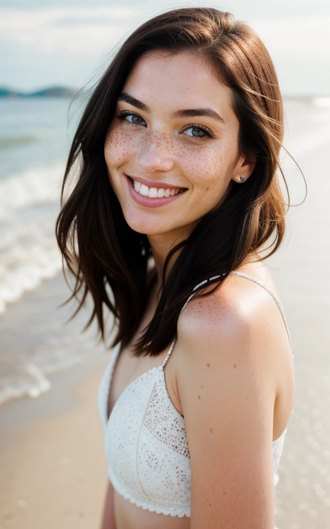 beautiful lady, freckles, big smile, dark makeup, hyper-detailed photography, soft light, full-length portrait, portrait on a beach