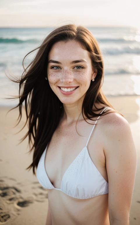 beautiful lady, freckles, big smile, dark makeup, hyper-detailed photography, soft light, full-length portrait, portrait on a beach