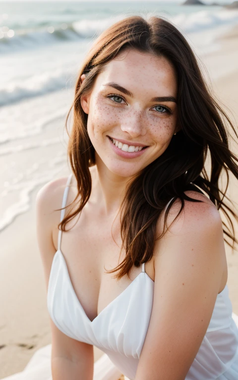beautiful lady, freckles, big smile, dark makeup, hyper-detailed photography, soft light, full-length portrait, portrait on a beach