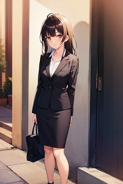 1girl, sayu ogiwara, suit, office lady, black skirt, black blazer, pencil skirt, skirt suit, long skirt, white shirt, collared shirt, long hair, teenager, looking at viewer, full body