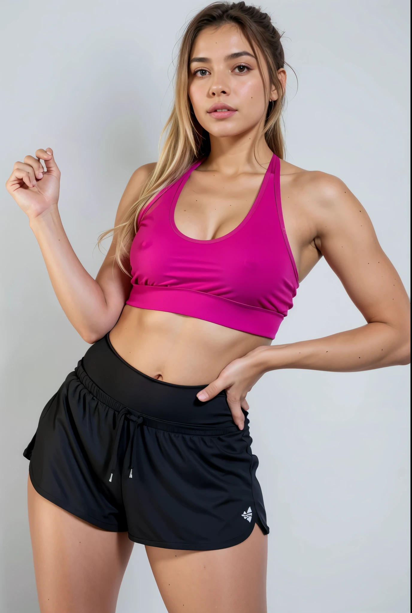 uma mulher com blusa rosa e saia preta posando para uma foto, Rosa quente halter top, halter top, pink halter top, halter top, esportes bem, esportes bem and shorts, topo de colheita, esportes bem, training bra, corte superior, esportes bem and shirt, forma tonificada, detailed esportes bem, fuchsia skin, Rosa quente