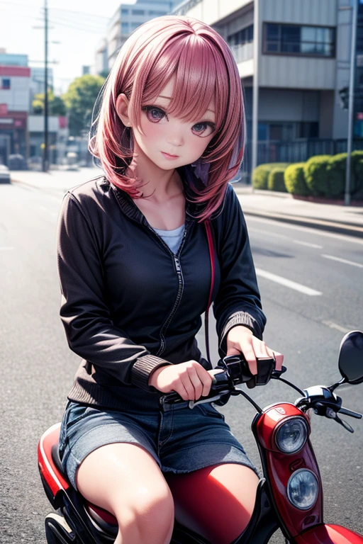 A cute anime girl driving a scooter, with high resolution, detailed, 8k. [Cute, detailed, anime girl], [Driving a scooter], (best quality, 4k, 8k, highres, masterpiece:1.2), ultra-detailed, (realistic, photorealistic, photo-realistic:1.37), portraits, vivid colors, sharp focus, studio lighting.
