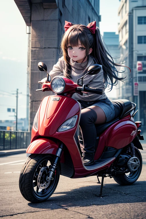 A cute anime girl driving a scooter, with high resolution, detailed, 8k. [Cute, detailed, anime girl], [Driving a scooter], (best quality, 4k, 8k, highres, masterpiece:1.2), ultra-detailed, (realistic, photorealistic, photo-realistic:1.37), portraits, vivid colors, sharp focus, studio lighting.
