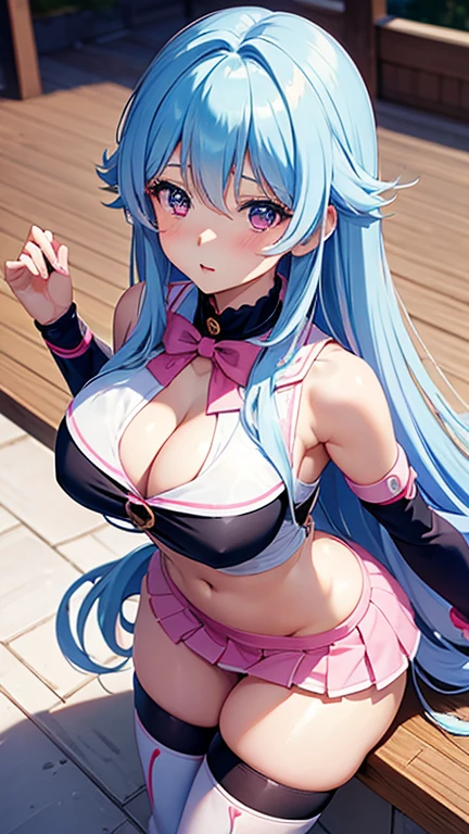 anime (Masou Gakuen HxH), lady , sexy (very big boobs), actress (Aine Chidorigafuchi) , pink eyes , blue / white long hair to hip / past hip length ,
school uniform , kyonyuu, detached sleeves, cheek curls, She was waiting at the IT academy