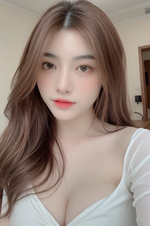 (realistic, high resolution:1.3), 1 girl with perfect figure,light on face, pale white skin,looking at viewers, super fine face and eyes, long blonde hair, deep v-neck white transparent shirt, face focus:1.3, in bedroom, sit on the bed, massive breasts, exposed cleavage