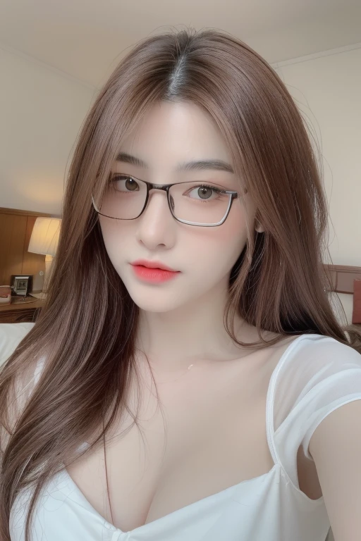 (realistic, high resolution:1.3), 1 girl with perfect figure,light on face, pale white skin,looking at viewers, super fine face and eyes, long blonde hair, deep v-neck white transparent shirt, face focus:1.3, in bedroom, sit on the bed, massive breasts, exposed cleavage