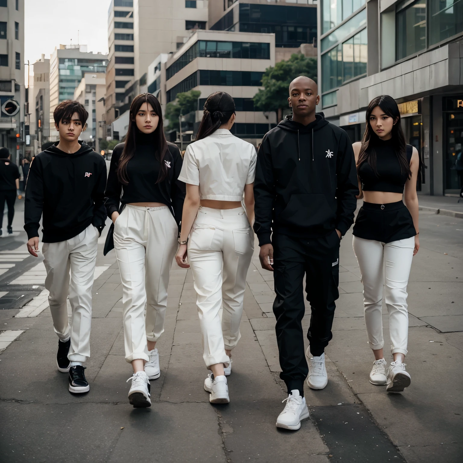 5 anime man , 1 anime woman , security , cream uniform , black pant, black shoes , city vibes , word name "EGP"