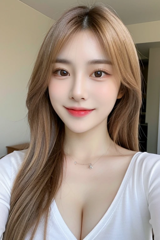 (realistic, high resolution:1.3), 1 girl with perfect figure,light on face,smile,  pale white skin,looking at viewers, super fine face and eyes, long blonde hair, deep v-neck white transparent shirt, face focus:1.3, in bedroom, sit on the bed, massive breasts, exposed cleavage