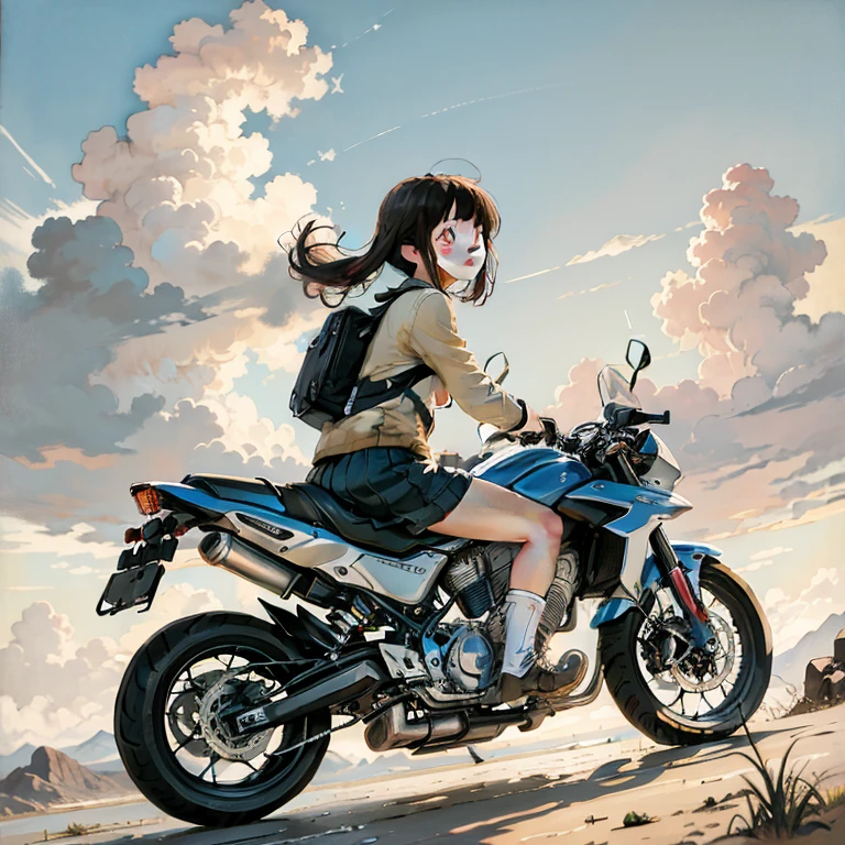 best quality,highres,realistic,landscape,oil painting,clouds,changing,elementary school student,girl riding a motorcycle,solo performance,vivid colors,warm tones,natural lighting