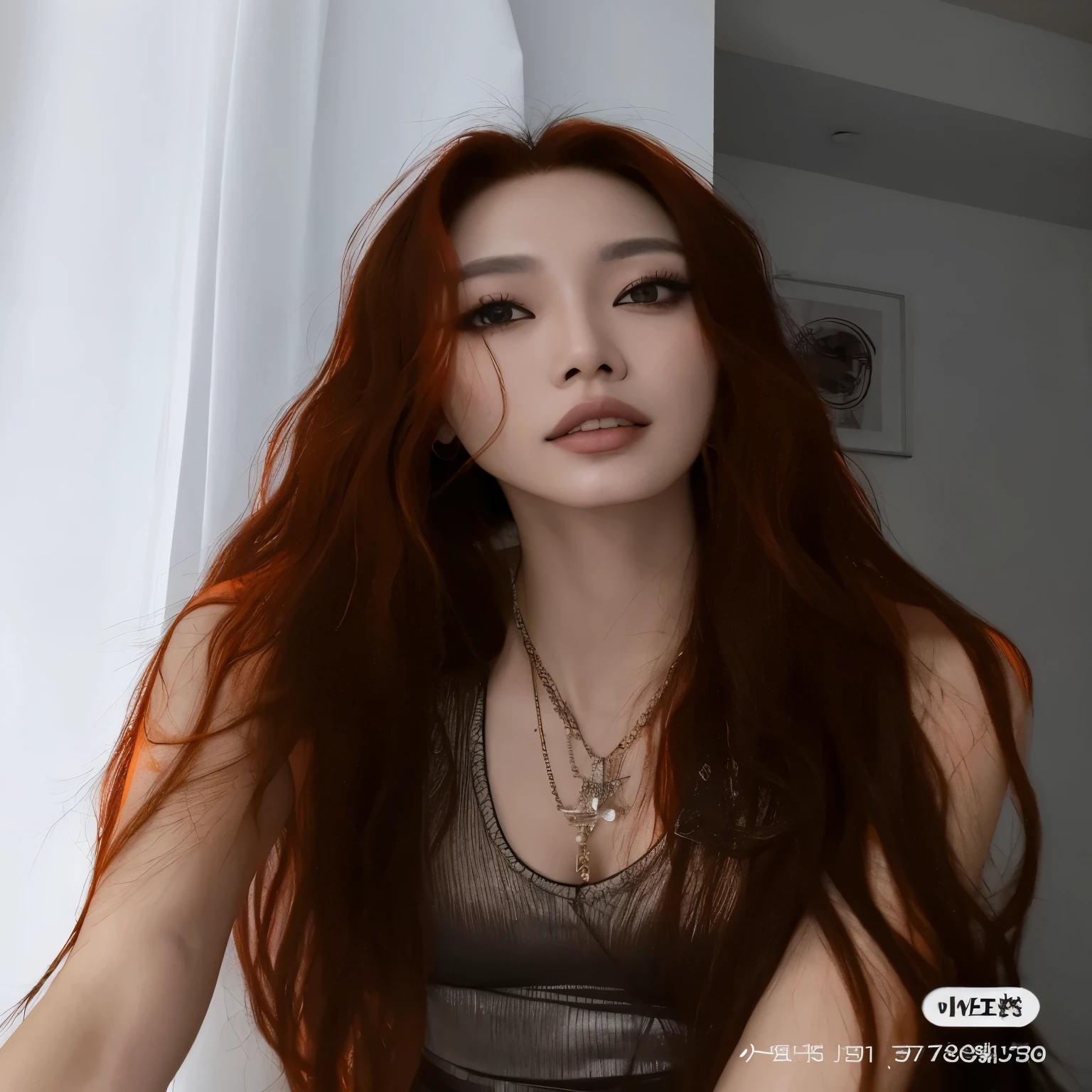 there a woman com longos cabelos ruivos posing for a picture, ela tem cabelo longo redoranjado, ela tem longos cabelos castanhos alaranjados, cruel korean goth girl, cabelos longos vermelhos castanhos, com cabelos longos e olhos penetrantes, com longos cabelos ruivos, pele laranja e cabelos longos e ardentes, cabelos longos coloridos enferrujados, inspirado em Kim Deuk-sin, Ulzzang