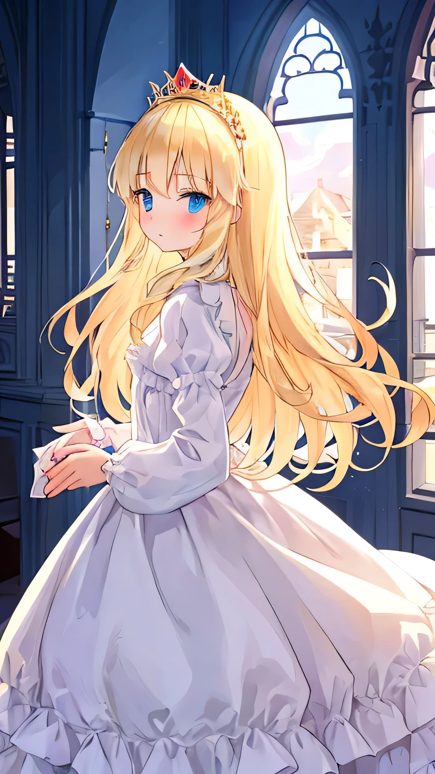 beautiful illustration, best quality, cute girl, indoor, (princess), white dress, tiatite), blond long hair, from side, castle, cowboy shot