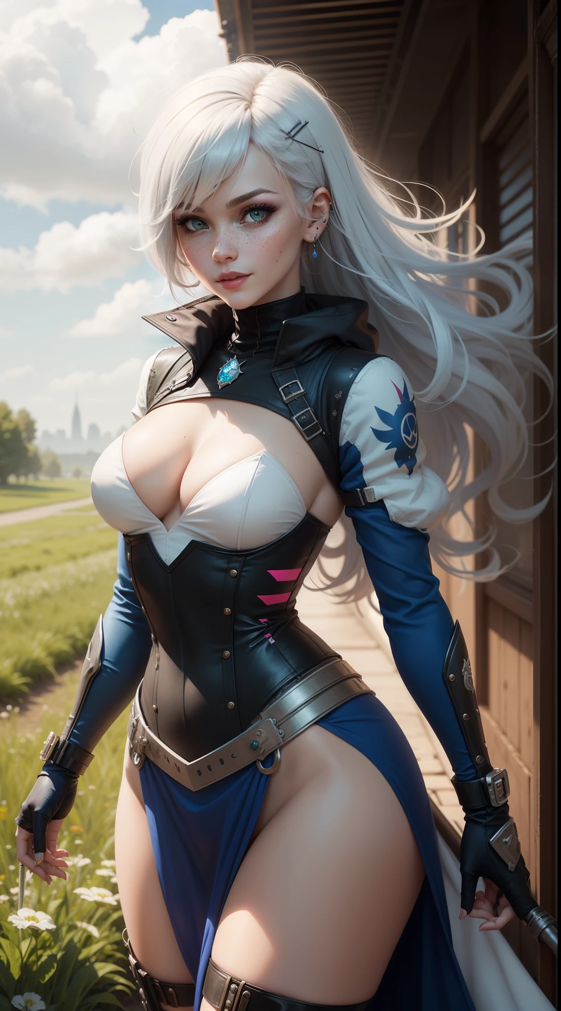 gwen tennyson,yorha 2b,tracer,y'shtola rhul,solo girl,overwatch,atelier ryza,close up,meadow view,tattoos,royal blue and white plugsuit,white short sleeve punk top,steel full plate punk armor,long punk skirt,steel punk corset,long curly hair,princess makeup,green eyes,multicolored silver hair,long dress train,sexy smile,freckles,beautiful girl,thigh high punk boots,large breasts,8k,ultra detailed,realistic,fantasy art,black punk uniform,queen gown dress,ear piercings,snowflake hand and neck jewelry,(weather:windy),long royal blue punk coat,silver hair pin,crystal sword,