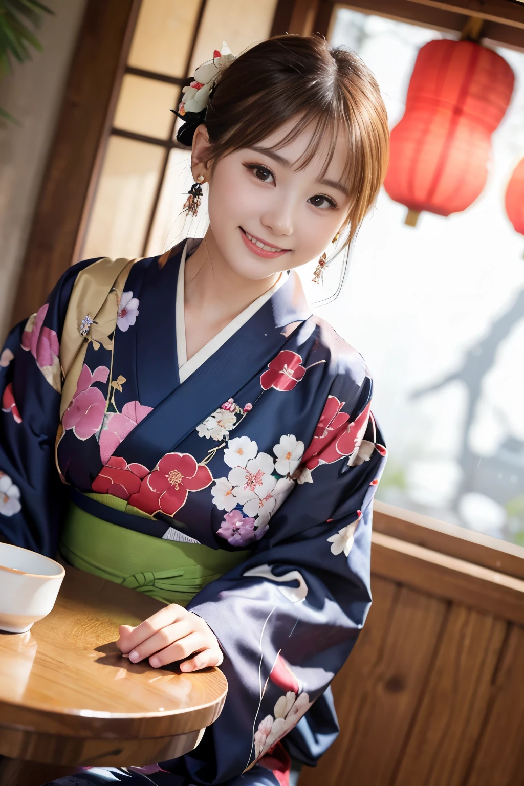 japanese id ,((cute ,baby face:1.2)),(8K, Raw photo, super detailed, highest quality:1.2), (realistic, Photoreal:1.4), (Extremely detailed, Super high resolution ,beautiful, table top:1.2), ,highly detailed face and eyes,shiny skin,(upper body:1.professional lighting,soft light, sharp focus, Depth of the bounds written,medium hair,earrings, (Kimono costume with gorgeous floral pattern :1.3),(smile:1.3),Bokeh,(dynamic angle:1.5),(Japanese style room for New Year&#39;s holidays. There are kagami mochi and pine decorations in the alcove., And the snow falling outside the window. :1.3)