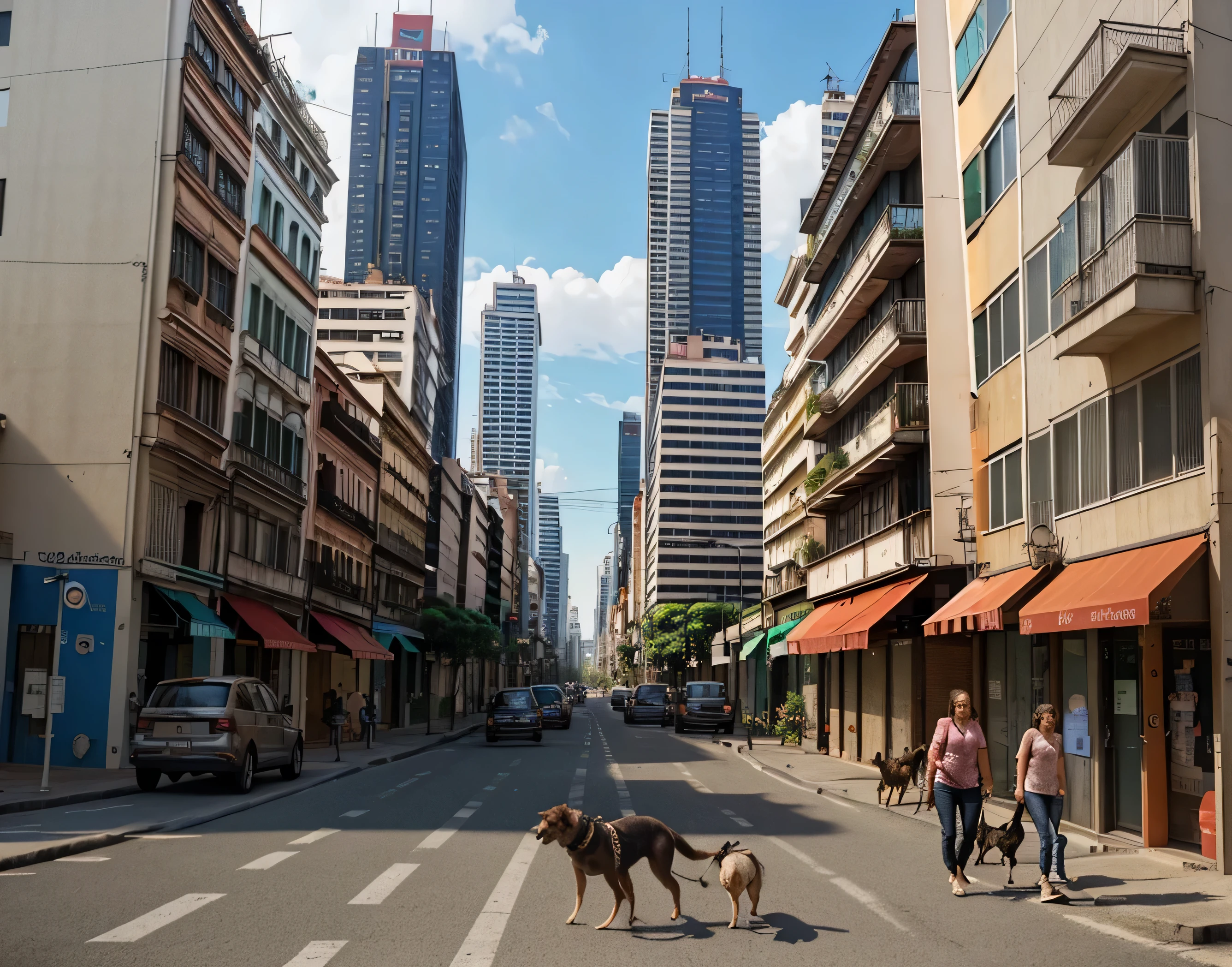 residential buildings on the left and right. Uma rua abaixo com alguns carros, pessoas e cachorros atravessando a rua