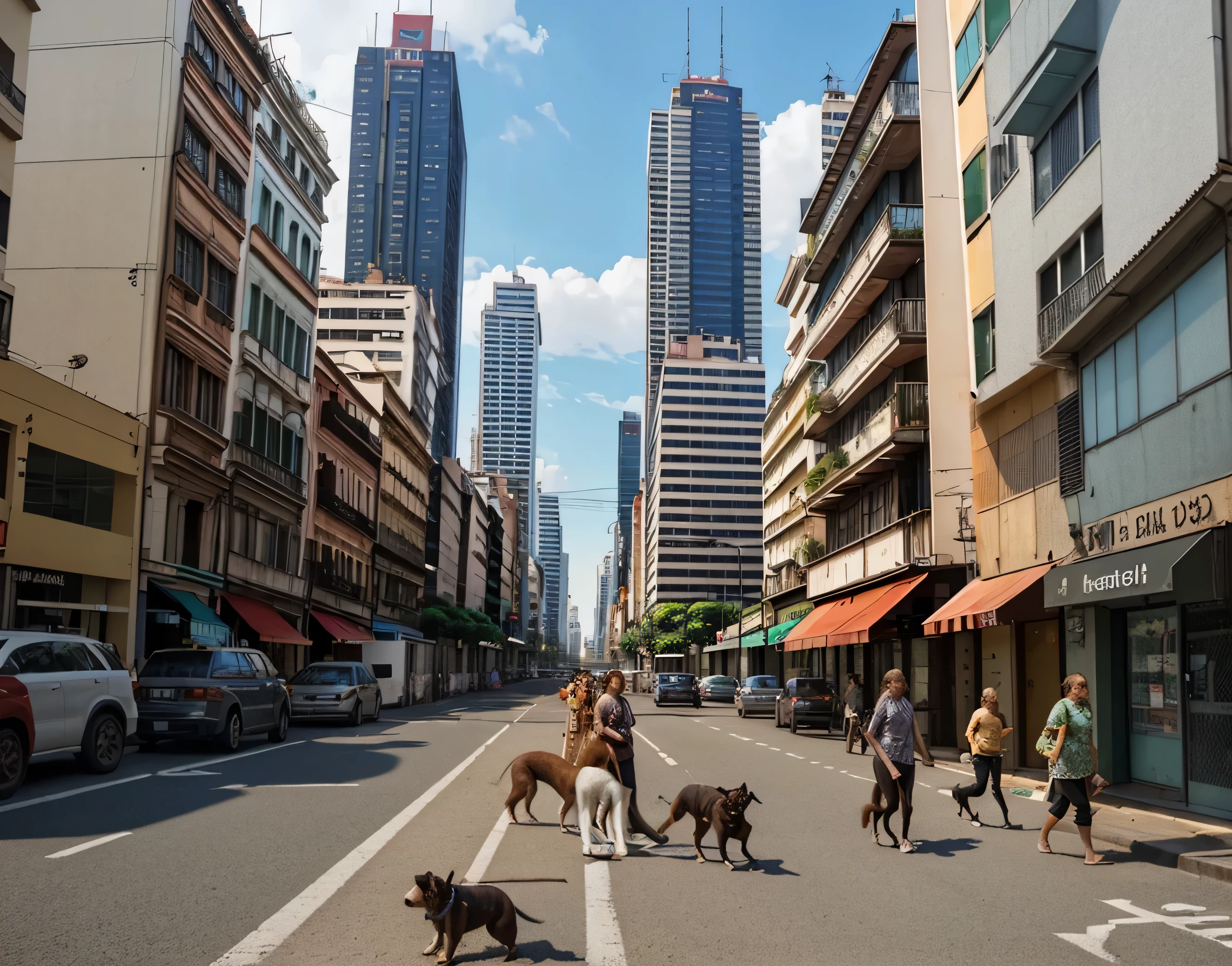 residential buildings on the left and right. Uma rua abaixo com alguns carros, pessoas e cachorros atravessando a rua
