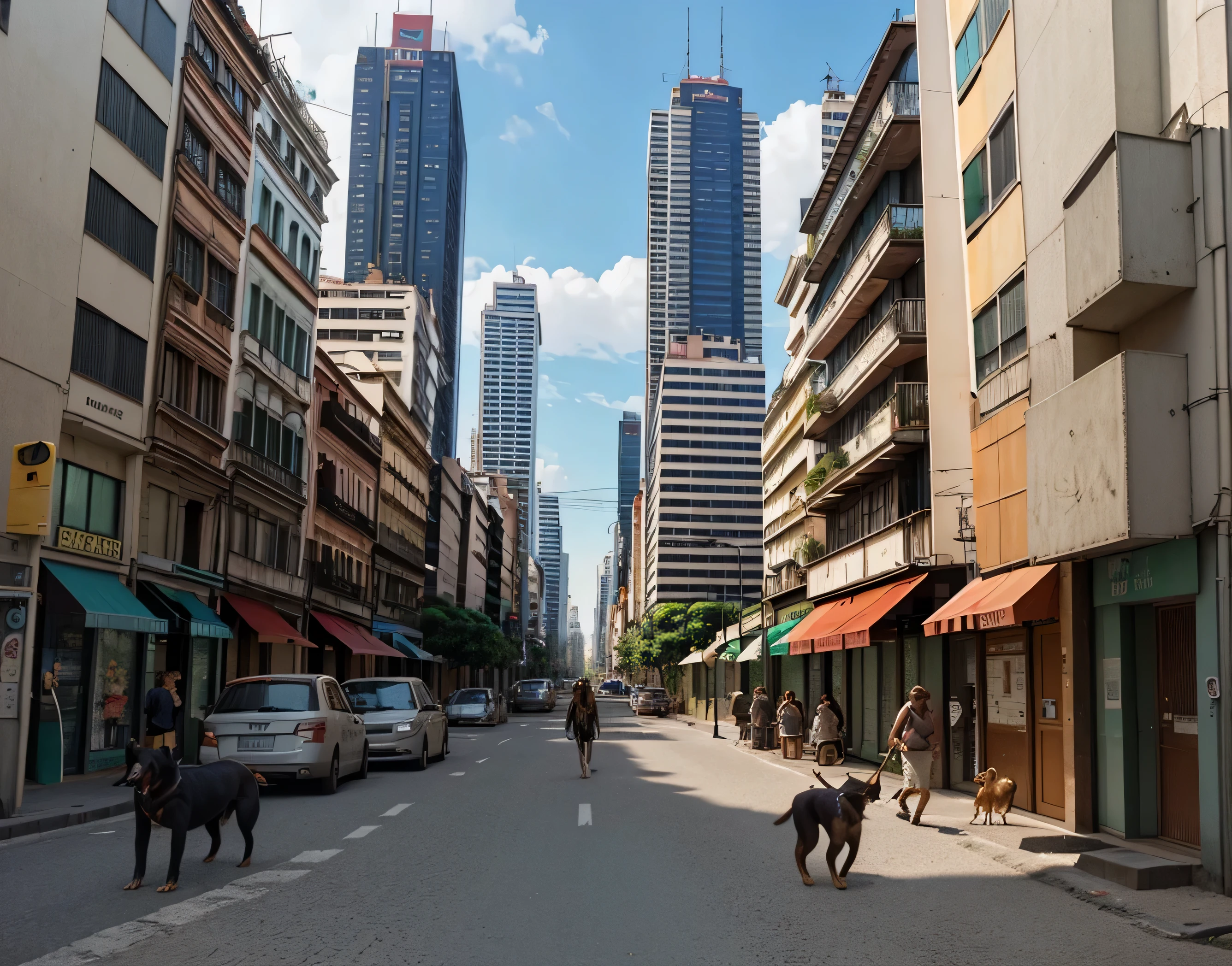 residential buildings on the left and right. Uma rua abaixo com alguns carros, pessoas e cachorros atravessando a rua